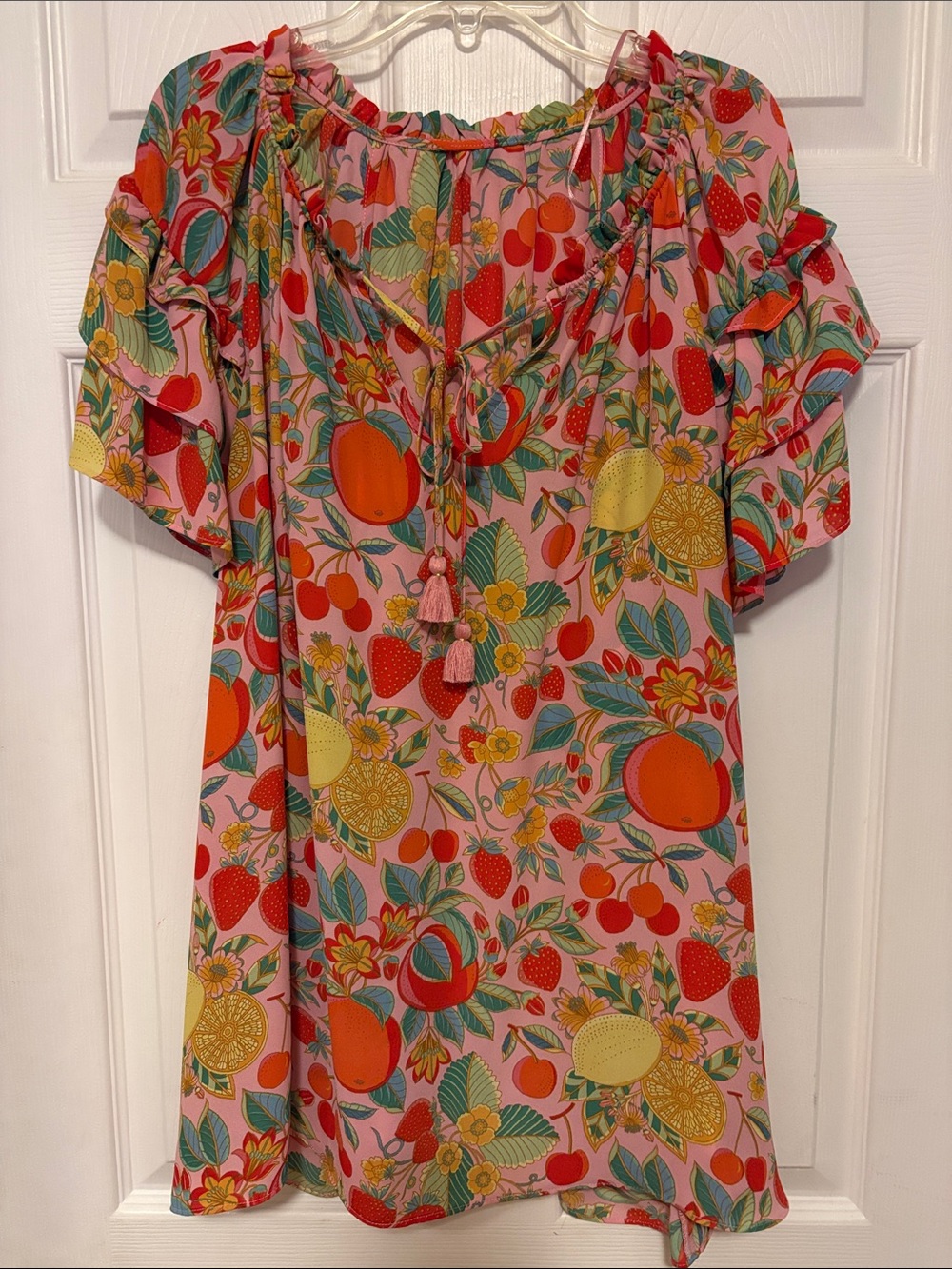 Pink Fruit Print Boho Peasant Blouse